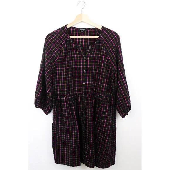 Madewell Plaid Flannel Raglan Button-Front Shirtdress Mini‎ Dress Black Pink 4 - Picture 5 of 9